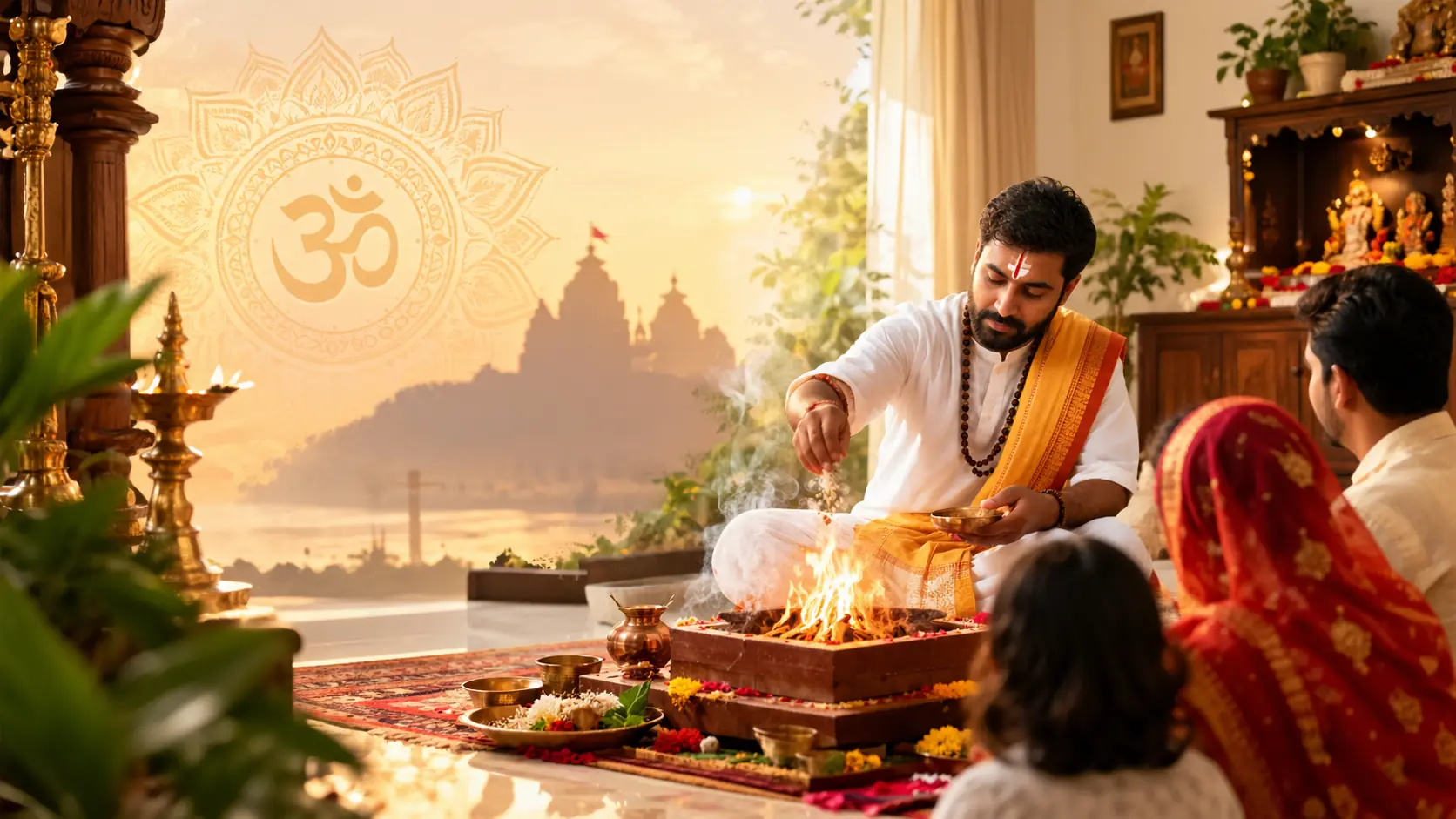 Pandit ji performing havan with the family at home