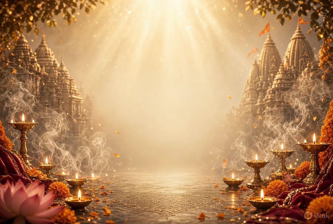 Diyas lit in front of a temple with golden light