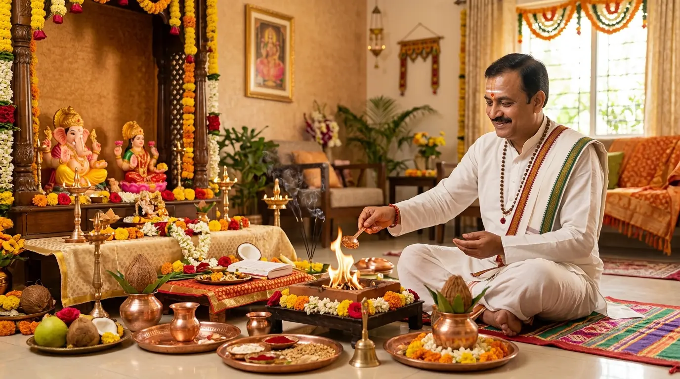 Pandit ji performing Ganesh puja and havan